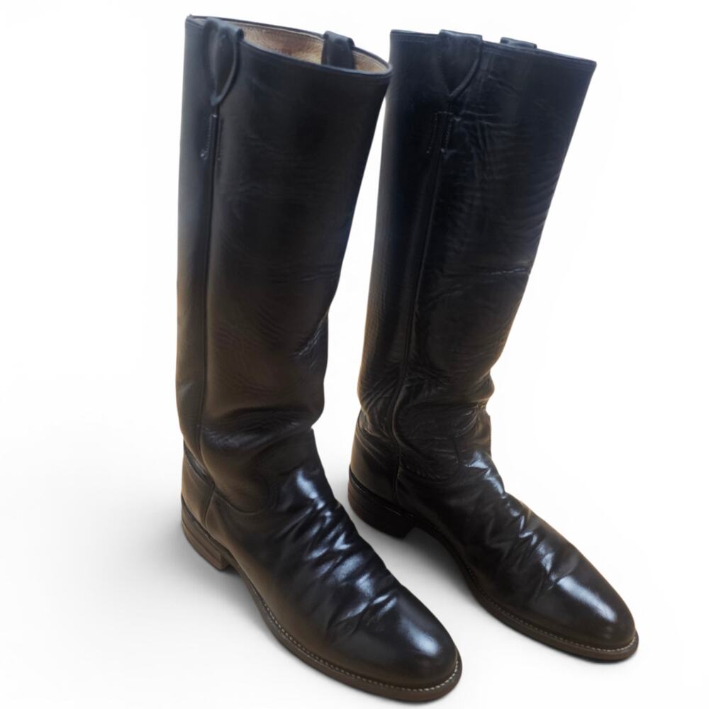 JUSTIN Tall Riding Boots Women's 7.5 B VTG 80's USA Black Leather Equestrian